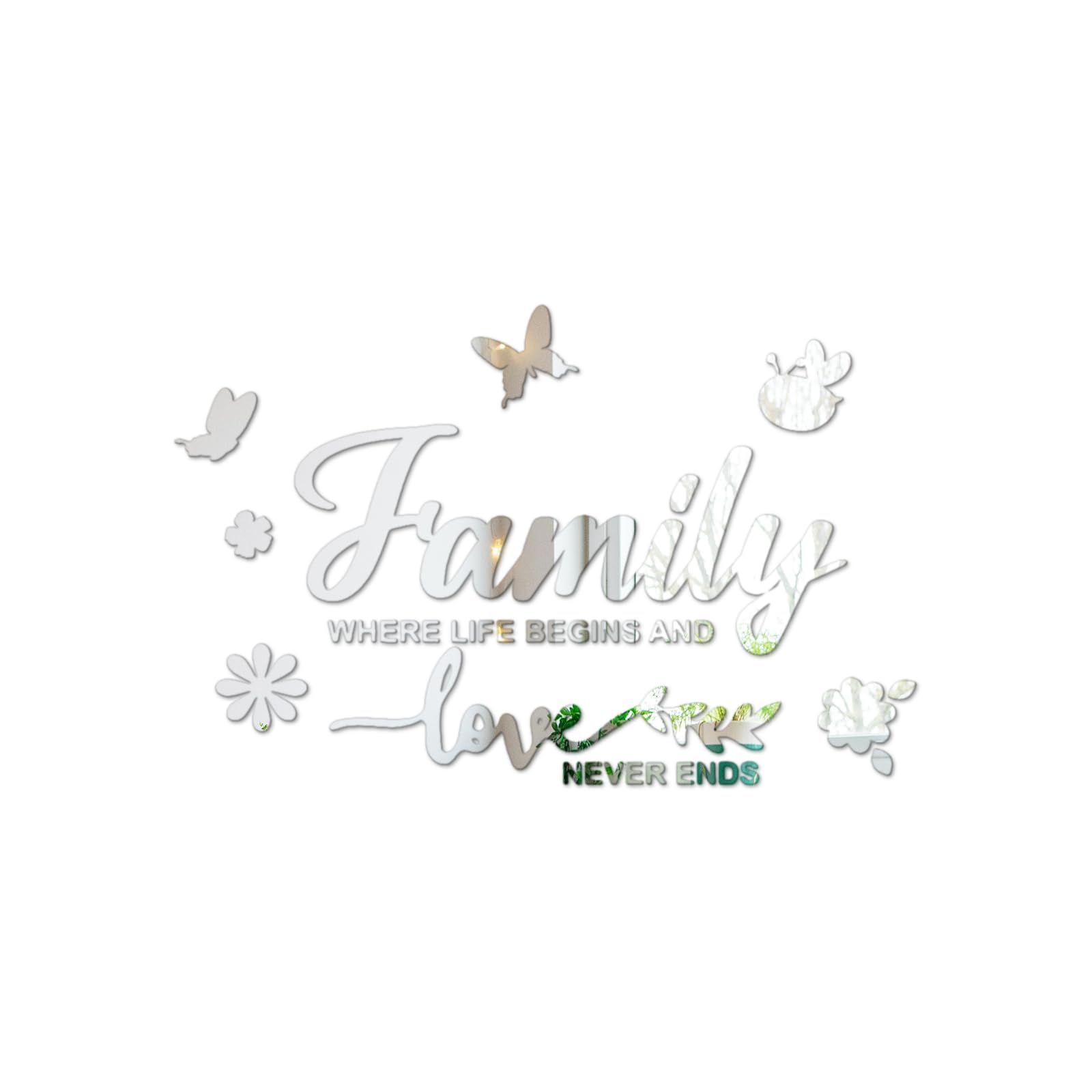 Fkereg Silver Family Where Life Begins And Love Never Ends Mirror Wall Decal, Spiritual Wall Stickers Peel And Stick Quote Sayings, Acrylic Inspirational Lettering Art Decor For Home Decoration,