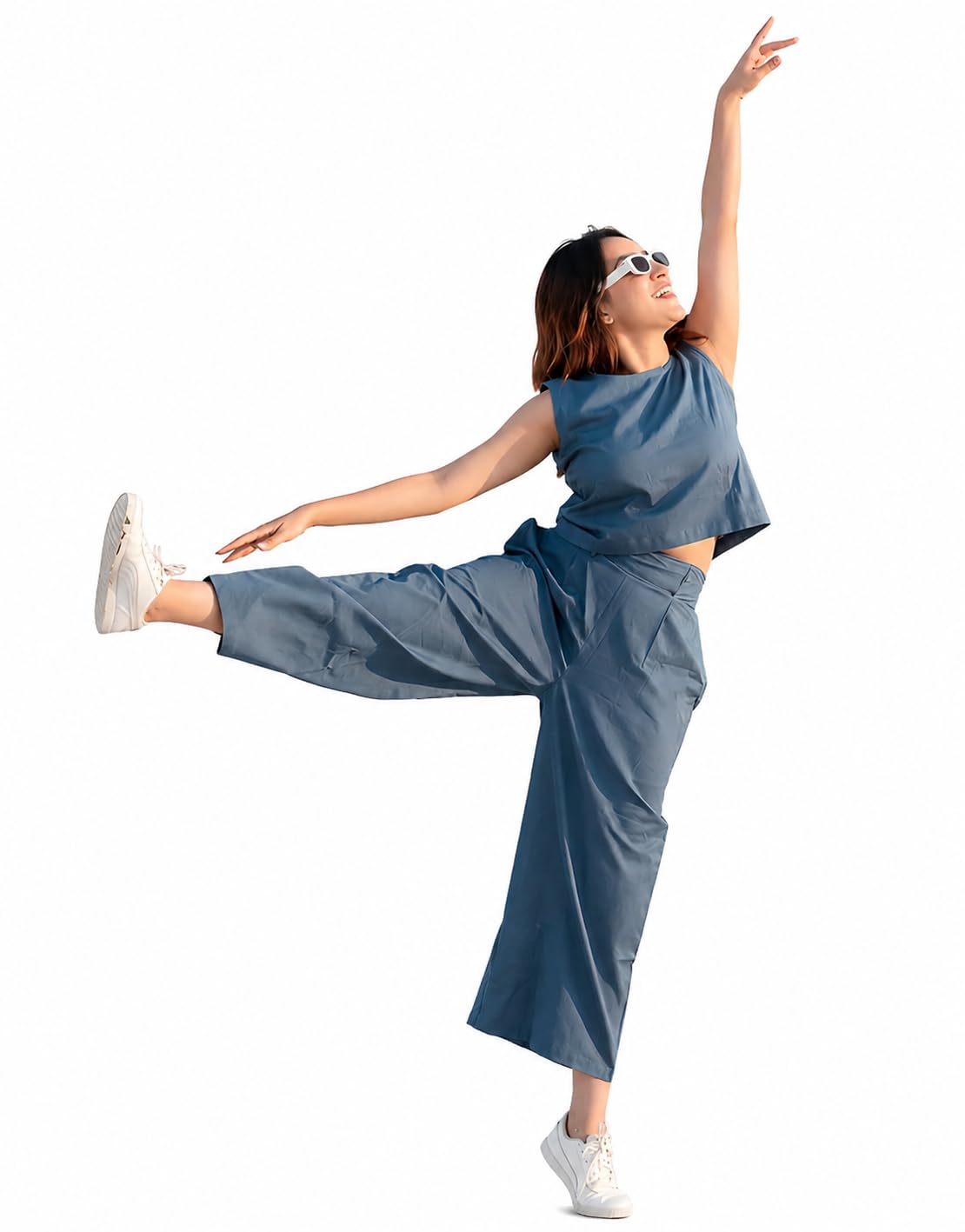 Women's Solid Co-ord Set, Sleeveless Crop Top with Wide-Leg Pants, Casual Summer Wear-image-11