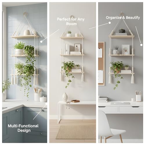Image of 3-Tier Hanging Shelf with Wall Hook, Use Decor Plants, Books, Decorative Gift Items Nursery Livingroom Wooden Beads & Ring, Tassels Woven Bohemian