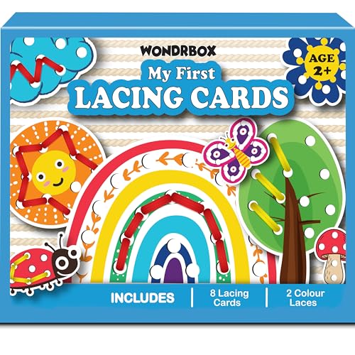 Image of WONDRBOX Montessori Lacing Cards Educational Toy for Kids | Ages 2-4 Years, Set of 3, 22 Cards & 6 Laces, Occupational Therapy, Autism Support