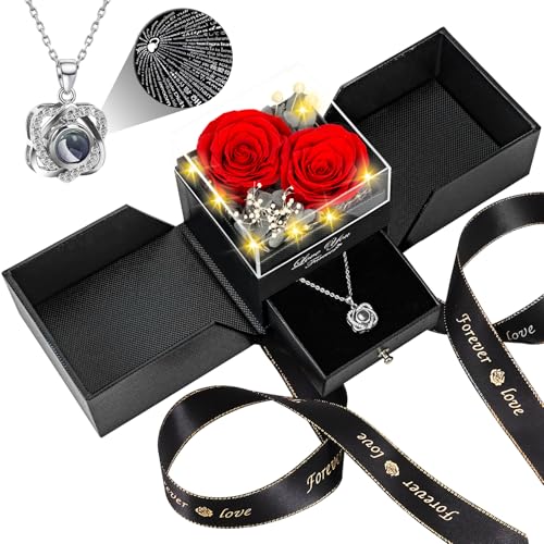 2 Preserved Real Rose with Heart I Love You Necklace-