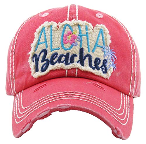 Distressed Baseball Cap Vintage Dad Hat - Aloha Beaches (Coral)