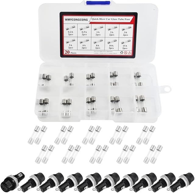 WMYCONGCONG 10 Pcs AC 250V 10A/AC 125V 15A Panel Mounted 5x20mm Screw Cap Fuse Holder Socket with 20 PCS Glass Tube Fuse Kit (10 Value)