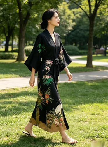 Image of Women's Classic 100% Silk Kimono Robe, Bathrobe-Printed Pattern