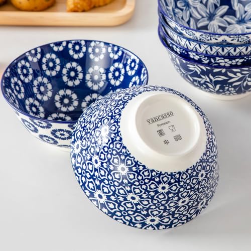 vancasso Müslischalen 6-teiliges Set aus Porzellan (6x 720ml) – Keramikschalen mit Vintage-Design blau-weiß, Schüsseln für Müsli, Salat, Suppe, Ramen, Obst oder Dessert, Serie SELENE