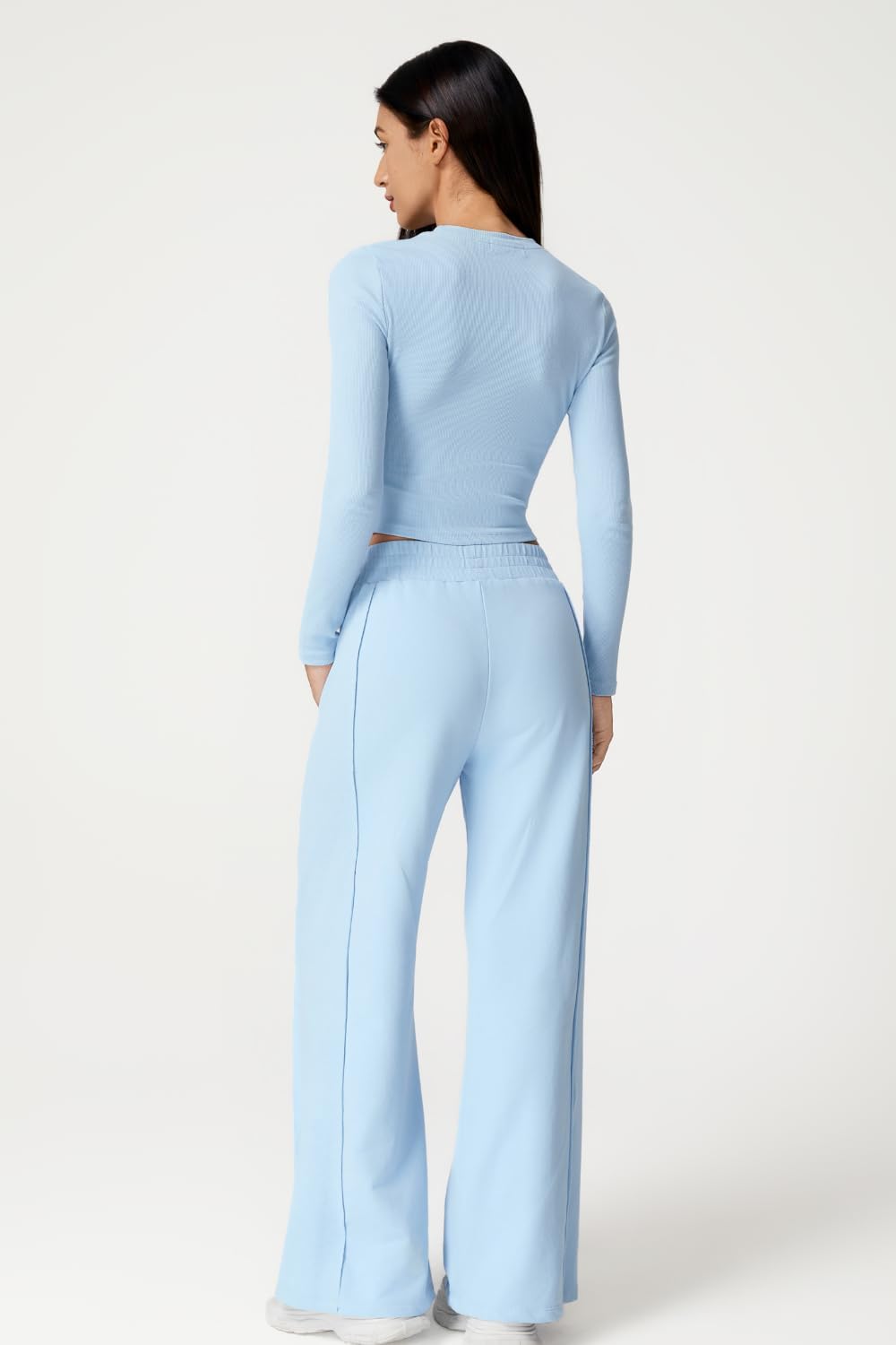 QINSEN Womens 2 Piece Sets Long Sleeve Slim Fit Crop Tops Wide Leg Pants Matching Lounge Set - Image 2