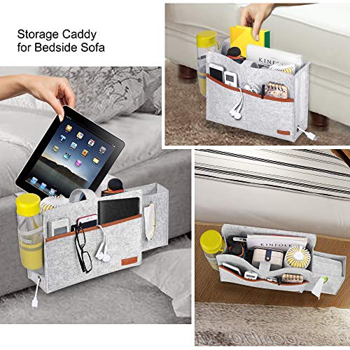 Simboom Bedside Organizer, Felt Bed Storage Caddy with Tissue Box and Water Bottle Holder, Magazine Phone Tablet iPad Remote Holder for Home College Dorm Bed Rails, Sofa, Bunk Beds - Light Grey - Image 4