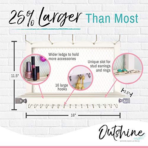 Outshine Large Farmhouse Wall Jewelry Organizer (White) | Wall Organizer For Earrings, Necklace, Bracelet, Hair Accessories | Chicken Wire Earring Holder | For Women, Wife, Mom, Girlfriend