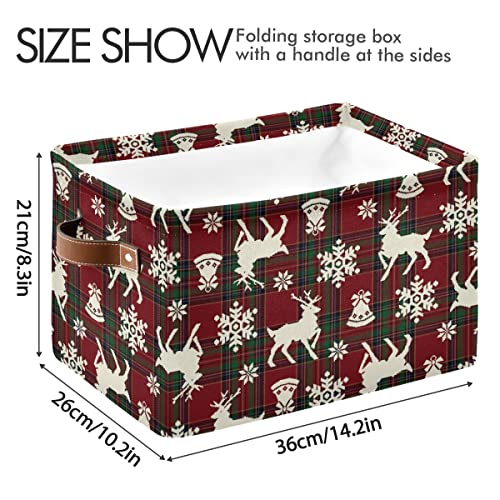 Image of Christmas Bells Reindeer Storage Basket Fabric Laundry Baskets Winter Snowflake Xmas Red Green Buffalo Plaid Storage Boxes Organizer Bag for Cloth Toy Book Storage Cubes Shelf Closet Bins 16x12x8