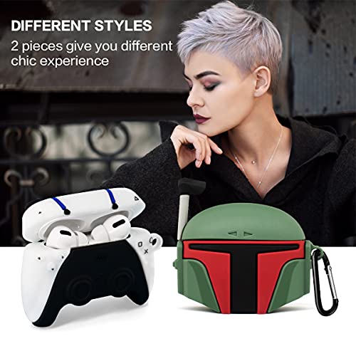 2Pack Airpods Pro Case, Soft Silicone Cute Funny Fun Star War Boba Fett Cartoon Character Cover With Keychain, Airpod Pro Skin Set For Kids Teens Boys Girls(Ps5 Game Controller+Mandalorian Helmet) #TOP1