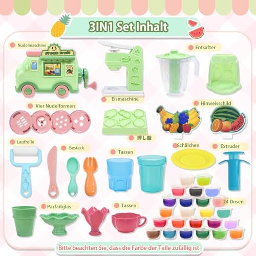 VBACALA Children's Clay Set, Creative Kitchen Clay Ice Maker + Pasta Machine + Smoothie Mixer Machine, 62 Clay Accessories with 24 Glasses of Modelling Clay, Kneading Clay from 3 Years, Gift for Boys