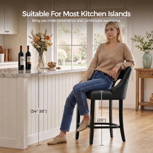 Image of UVV Bar Stools Set of 6, Modern Upholstered Counter Height Bar Stools, Faux Leather Counter Stools BarStools with Wood Legs for Kitchen Island Dining Room Bar, Black