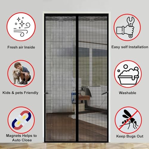 Image of The Furnishing Tree Strong Magnetic Mosquito Net Door Curtain | Automatic Self Closing | Designer Lace at the top with Breathable Fly Protection for Main Door, Balcony, Kitchen & Bedroom, 210x100 CM.