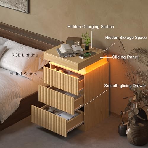 Image of Fluted Nightstand with Charging Station and LED Light, Bedside Table with Sliding Top, USB Ports and AC Outlets, 3 Drawer Storage Cabinet, Modern End Table for Bedroom, Natural Oak