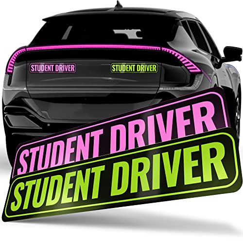 ADHEISIGN Student Driver Magnet | Removable & Reflective New Driver Sticker Decal for Car | Extra-Long Strong Adhesive Magnet w/ Bold Visible Letters (2-Pack) (Pink & Green)