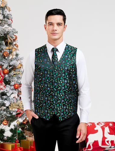 HISDERN Mens Christmas Suit Vest Funny Holiday Dress Vests Tie and Pocket Square Set for Men Xmas Festival Party2