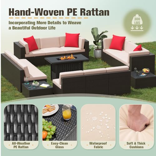 Image of Greesum Patio Furniture Sets 15-Pieces Outdoor PE Rattan Sectional Sofa w /43in Gas Fire Pit Table 55000 BTU Add Warmth to Gatherings Parties On Deck Garden Backyard,Beige