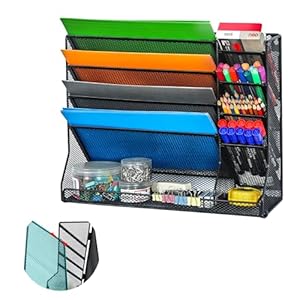 File Organizer Wall Mounted 4 Tiers Durable Adjustable Metal Vertical Hanging With 4 Pen Slots Stable R-shaped Bottom 4 Pull-out Devider to Sort File, Mail, Newspaper,Pen, Suitable for Office,Black