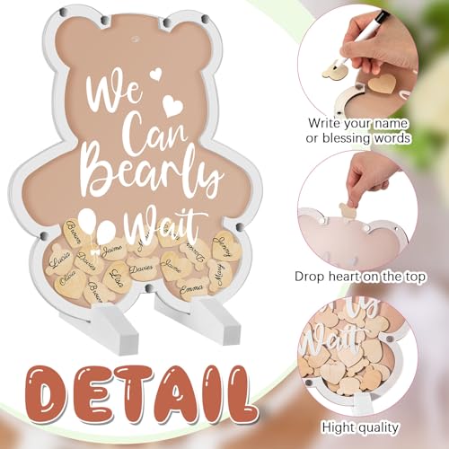 Image of Kosiz We Can Bearly Wait Acrylic Baby Shower Guest Book Alternatives Decorations with Wooden Hearts for 60 Guests Baby Shower Sign Picture Frame Pregnancy Keepsake Edition for Soon to Be Mom (Brown)