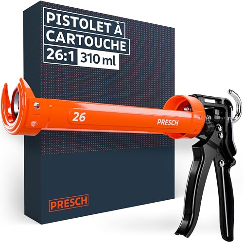 Presch Pistolet silicone 26:1 rapport de poussée avec anti-goutte – Pistolet à cartouche jusqu’à 310ml (haute viscosité, colles High Tack & mortier)...