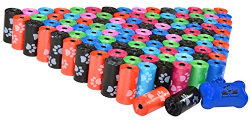 Downtown Pet Supply 2200 Pet Waste Bags, Dog Waste Bags, Bulk Poop Bags with Leash Clip and Bone Bag Dispenser - (2200 Bags, Rainbow with Paw Prints)