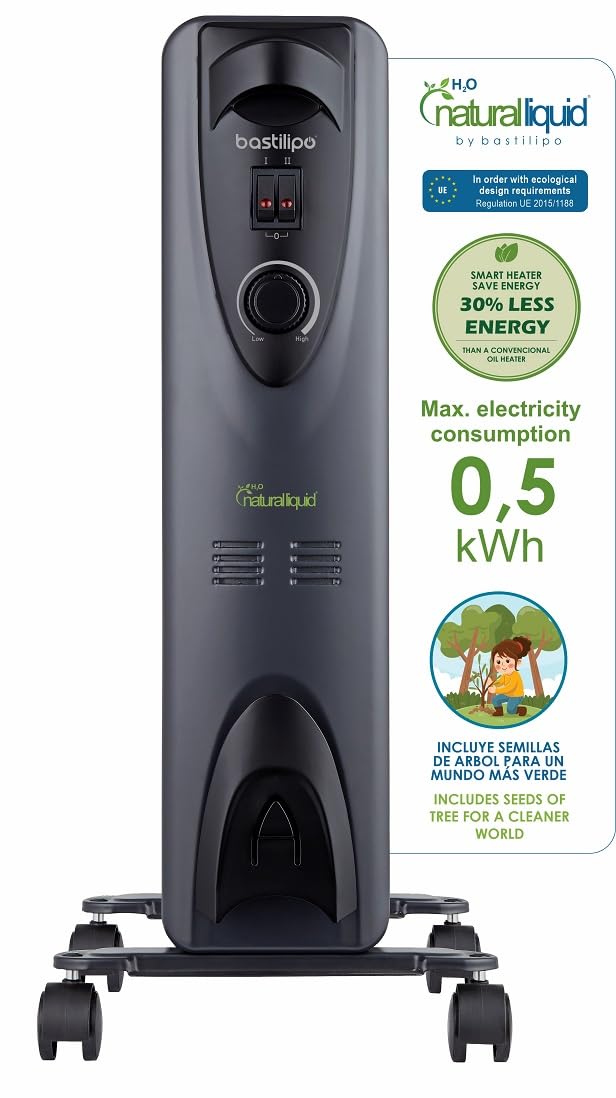 Bastilipo - RC-ECOFLUID-7 - Compact ecological radiator with H2O natural liquid, extra low consumption, 1000W, 0.5kw/h, 7 elements, c/thermostat, black, rooms of 2-12 m2.