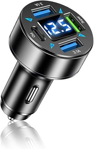 Cargador de coche, 4 puertos cargador rápido para automóvil con toma de enchufevoltímetro LED, PD3.1Super puerto, accesorios universales para coche,
