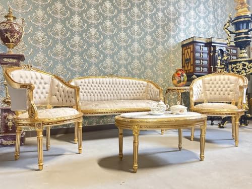 Sofa-Set im Retro Stil Französischer Barock und Rokoko Stil Beige, florales Damast Lounge Couch Set Handgefertigt Antiker Stil für Wohnzimmer Heimdekoration – Bild 4