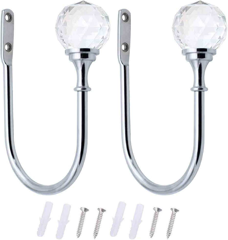 BlueXP 2 Pack Metal Curtain Holdback Hook Crystal Ball U-Form Wall Mounted Curtain Tie Back Hook Decorative Curtain Drapery Holdback Arms Hook for Window Shower Curtain Drapery Voile Towel Coat Sliver