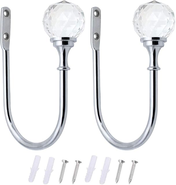 BlueXP 2 Pack Metal Curtain Holdback Hook Crystal Ball U-Form Wall Mounted Curtain Tie Back Hook Decorative Curtain Drapery Holdback Arms Hook for Window Shower Curtain Drapery Voile Towel Coat Sliver