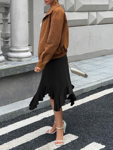 Yousify Womens Ruffle Midi Skirts Casual High Waisted Flowy Swing Boho Handkerchief Hemline Stretchy Asymmetrical Skirt4