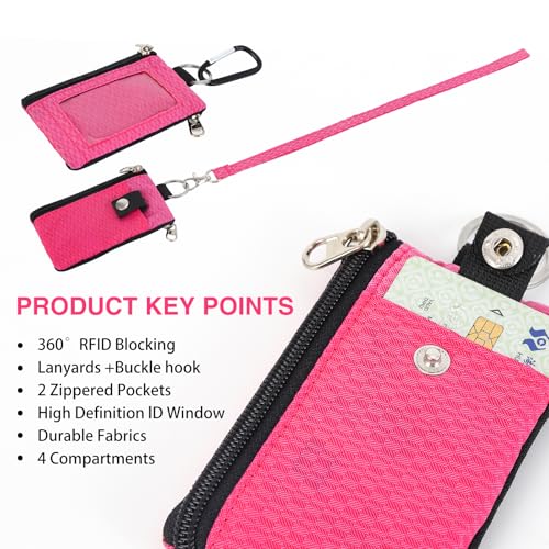 Image of MASAPHlL Small Lanyard Wallet for Women /Men with RFID Blocking ID Card Wallet, Minimalist Nylon Zipper Pouch, Travel Neck Wallet with Keychain, ID Window for Card,Coin,Cash (Rose+Light Rose)