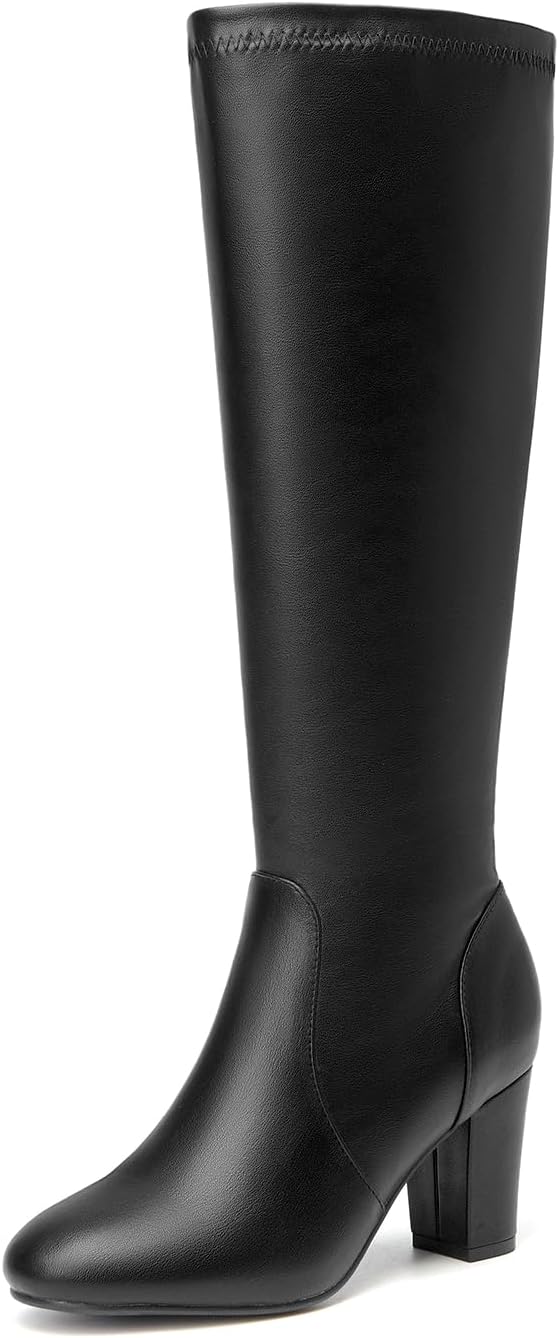 selenepair women's knee high boots chunky block heel round toe side zipper fashion dress winter shoes 9 black pu