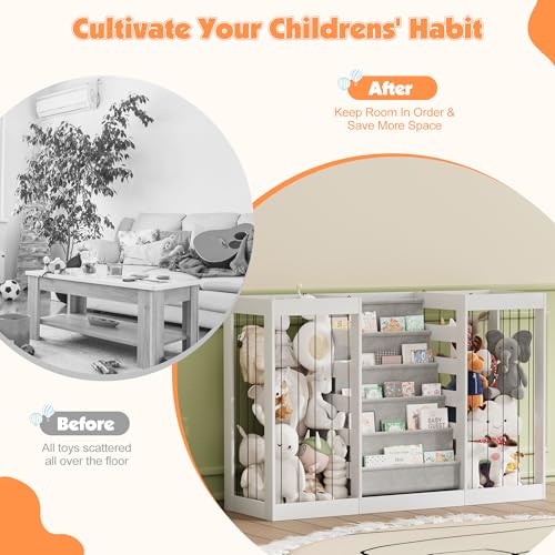 Image of NACHES Montessori Kids Bookshelf with Enclosed Toy Storage, Dual Mesh Bins for Stuffed Animals, Front-Facing Book Organizer for Toddlers Playroom Bedroom (White)