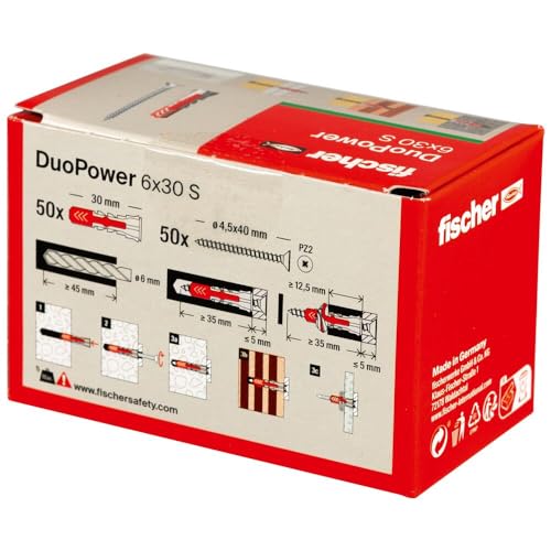 Image of fischer DuoPower 6 x 30 S, powerful universal plug with safety screw, intelligent 2-component technology for fastenings in concrete, bricks, stone, gypsum plasterboard, etc., 50 plugs & 50 screws