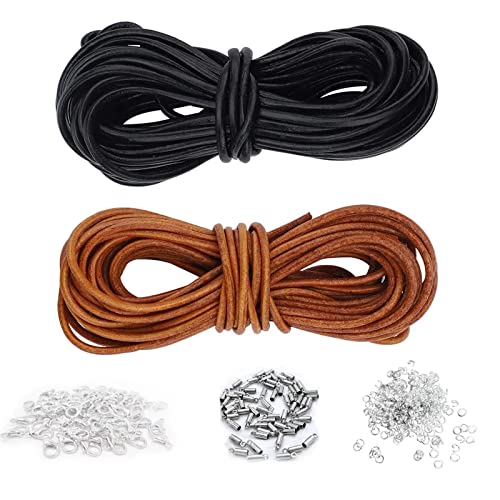 VEGCOO Cordon en Cuir Véritable de 10m de Long et 2 mm Couleur Noir et Naturel 5 m, et 150 Pcs de Fermoirs Colliers pour la Confection de Colliers et Bracelets.