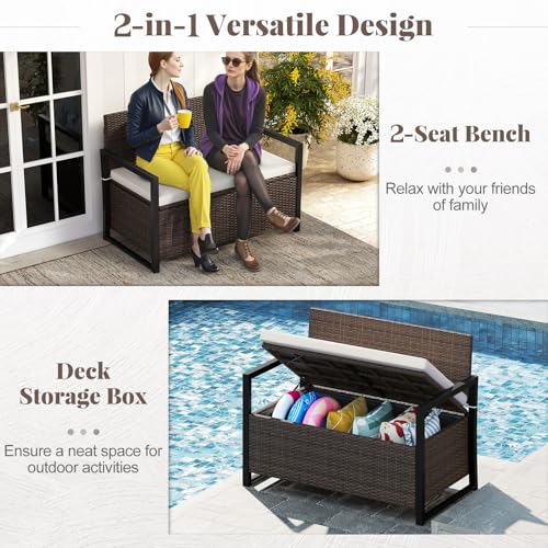 Image of Tangkula 40 Gallon Outdoor Bench with Storage, Patio Wicker Storage Bench with Cushion, Cover, Metal Frame, Deck Box Seat for Backyard, Poolside, Balcony, Garden