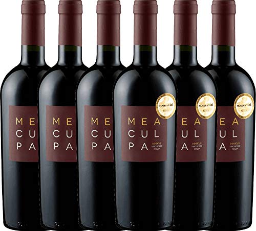 VINELLO 6er Weinpaket Rotwein - MEA CULPA Vino Rosso Italia - Cantine Minini mit einem VINELLO.weinausgießer | halbtrockener Rotwein | italienischer Wein aus Apulien und Sizilien | 6 x 0,75 Liter