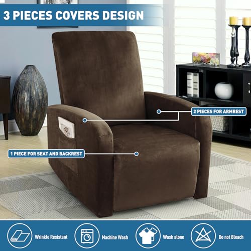 Image of ZNSAYOTX 2026 Velvet Small Recliner Cover 3-Piece, Luxury Plush Recliner Chair Covers with Elastic Band & Ties Stay in Place, Stretch Reclining Slipcover for Lazy Boy Soft Washable (Dark Coffee)