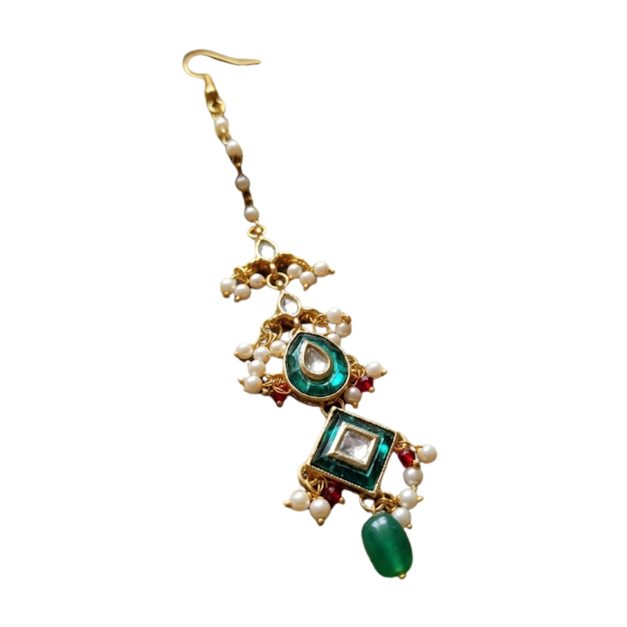 moti mala Kundan Style Mang Tikka with Green Crystal Details Pearl Beads and Gold Tone Finish for Women and Girls-picture-19