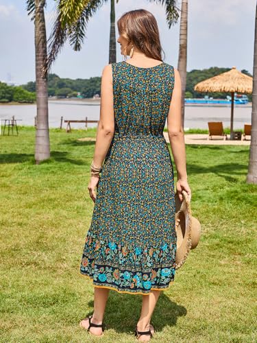 Image of BROVAVE Women Summer Bohemian Floral Print V Neck Sleeveless Sundress Flowy Casual Midi Dress