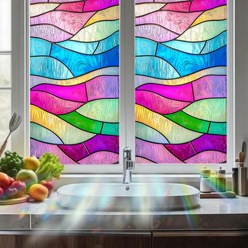 Image of Nuxovilar Sparkle Stained Glass Colorful Wave Window Film 17.7x39.4 PVC