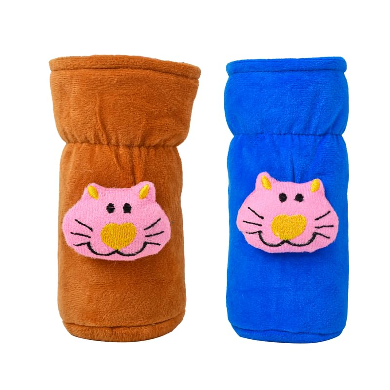 Image of Soft Plush Stretchable Baby Feeding Bottle Cover Easy to Hold Strap with Cute Animated Cartoon| Suitable for 60-125 Ml Feeding Bottle (Brown-Light Blue)