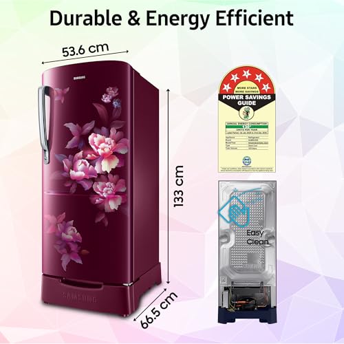 Image of Samsung 183 L, 5 Star, Digital Inverter, Direct-Cool Single Door Refrigerator (RR20D2825HN /NL, Himalaya Poppy Red, Base Stand Drawer)