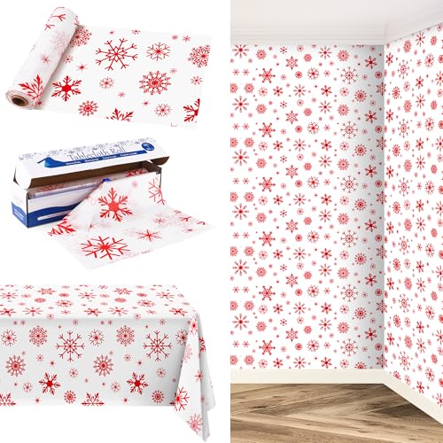 Image of Kochorie 100 Ft x 54 Inch Red Snowflake Tablecloth Roll with Cutter Box Christmas Themed Snowflake Printed Cut to Size Table Cover Disposable Winter Backdrop for Frozen Birthday Party Supplies