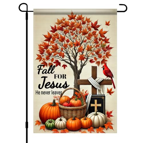 Image of BlissYard Fall for Jesus Garden Flag Christian Cross Pumpkin 12x18 Inch | Double sided polyester, Fall for Jesus cross pumpkin design, cozy Christian decor for Thanksgiving porch and yard
