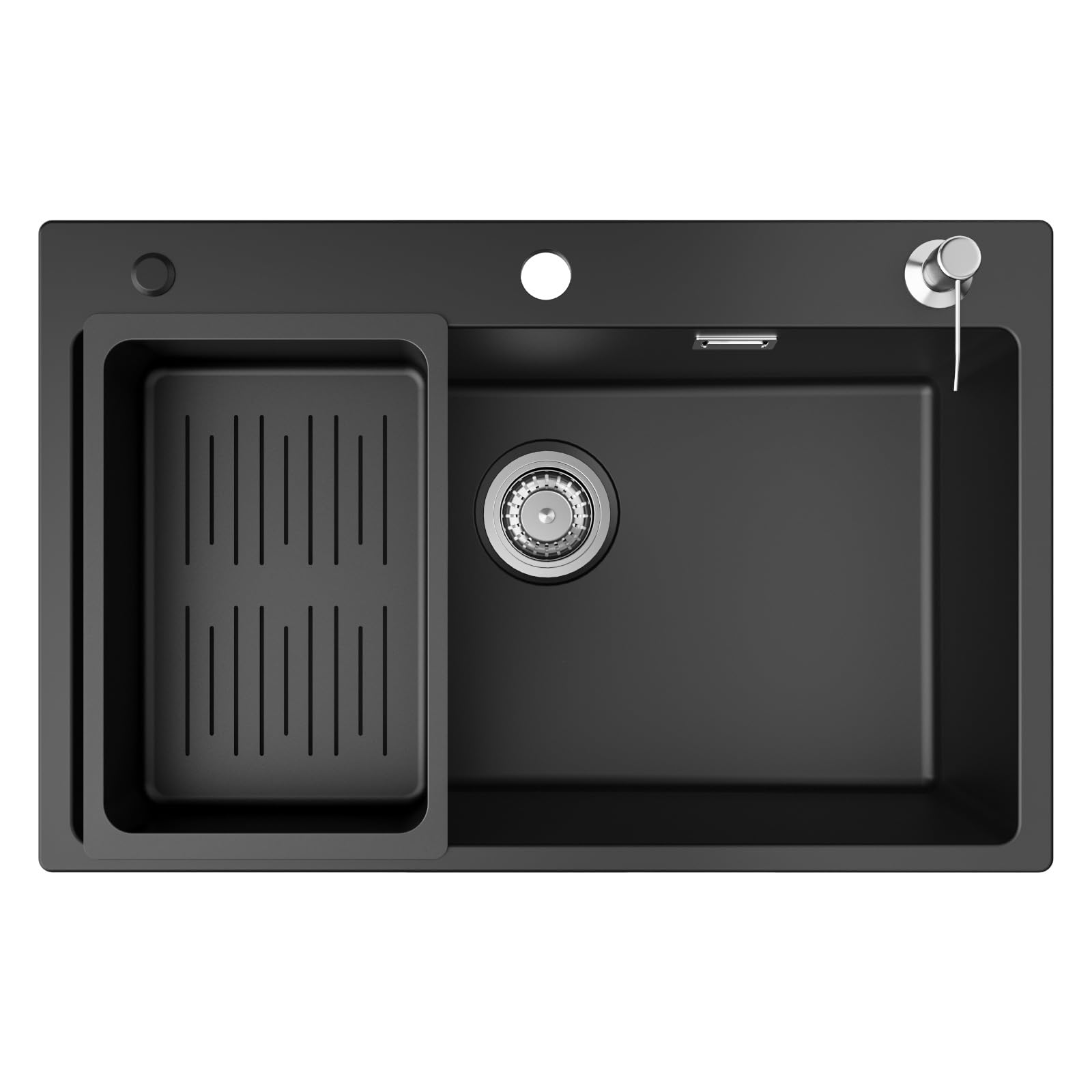 CECIPA Lavello da incasso in granito, grande, 70 x 45 cm, resistente ai graffi, resistente al calore, facile da pulire, con dispenser di sapone, scarico e kit di montaggio, colore nero