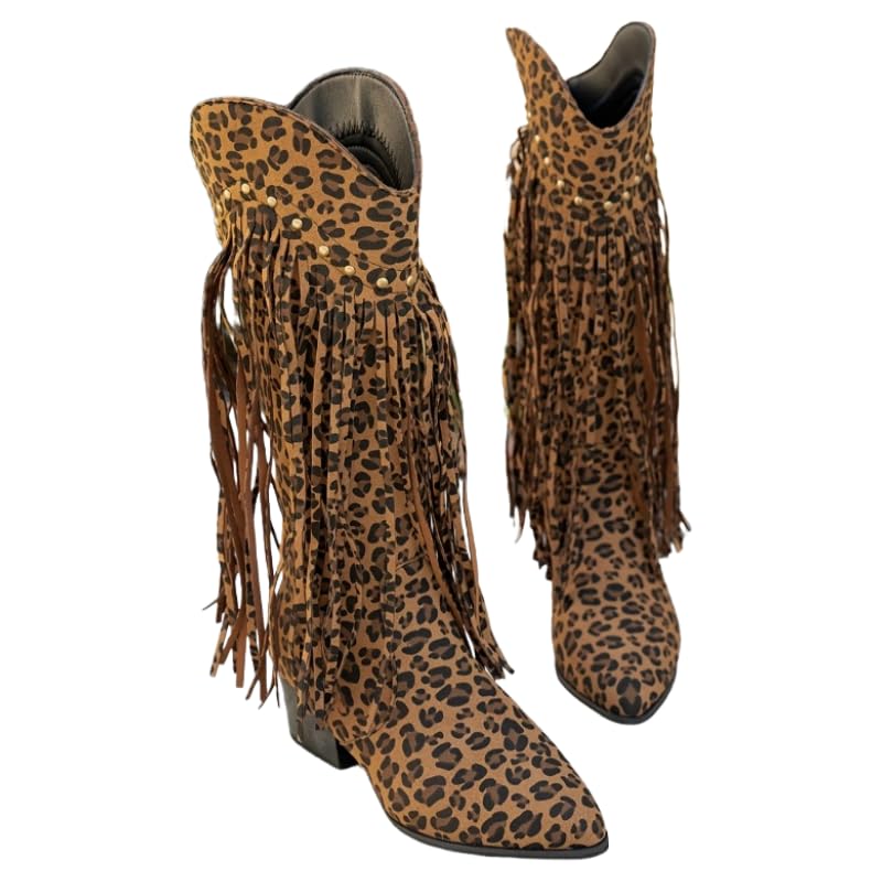 Cowboy Boots for Women - Cowgirl Boots with Leopard Pointed Toe Western Boot Chunky Heel Calf Botas Vaqueras