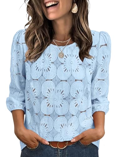Spring Tops for Women Fashion Summer Beach Vacation Clothes 3/4 Sleeve Tops Lace Eyelet Blouses Business Casual Outfits Easter Shirts Light Blue L