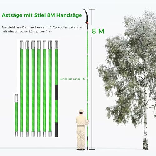 Astsäge mit Stiel 8m Handsäge Einstellbare Länge, Baumsäge Gartengeräte-Set, Palme Hochentaster hochreichbare Stange mit Tragetasche, schneidet sauber und schnell für hohe Äste (8 m Pro)